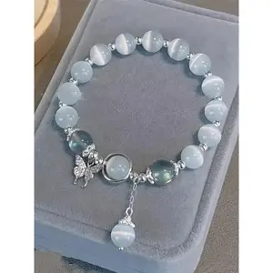 Vintage Craft Stone Butterfly Charm Beaded Bracelet, Sweet Fashion Accessories for Women & Girls, Trendy All-match Accessories, Creative Holiday Gifts