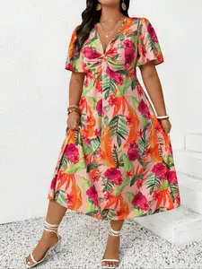 【Plus Size】 Floral Print Dress, Boho Short Sleeve Dress for Beach Holiday Vacation, Women's Clothes for Summer
