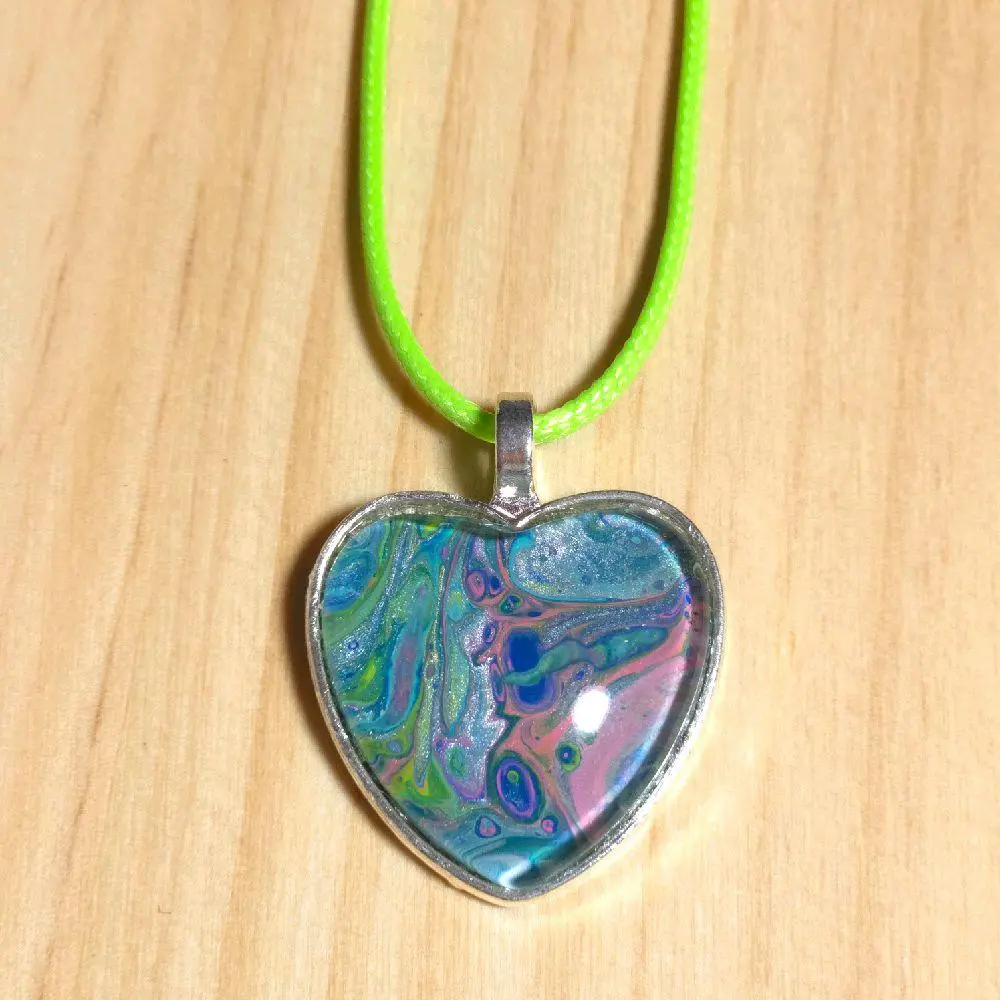 Heart Necklace with handpainted 18mm cabachon on 18in wax cord. Antique gold or silver tone