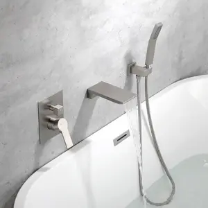 Waterfall Tub Faucet, 3 Holes Wall-Mounted Bathtub Faucet Set with Hand Shower & 3.7Inch Waterfall Spout - Matte Black, Brushed Nickel, Brushed Gold