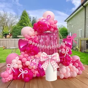 Pink Coquette Birthday Decorations 121Pcs with Bow Banner and Heart shape Balloons for Bachelorette Coquette Birthday Coquette Galentines Party Decorations