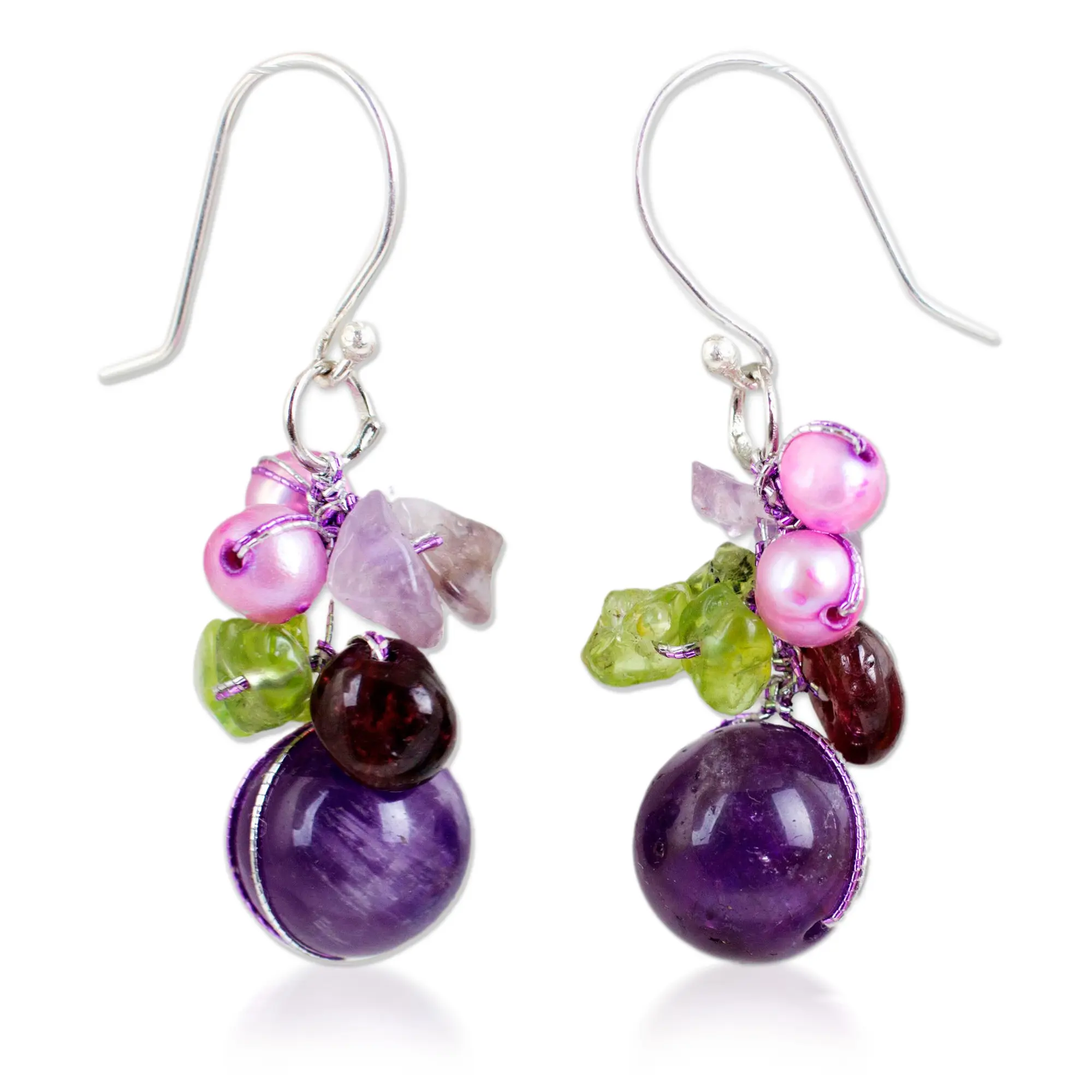 Novica Artisan Handcrafted Amethyst Cluster Earrings | Pearl Dangle Earrings | Sterling Silver Earrings | Multi Color Purple Earrings | Crystal Earrings | Thailand Birthstone Bright Bouquet