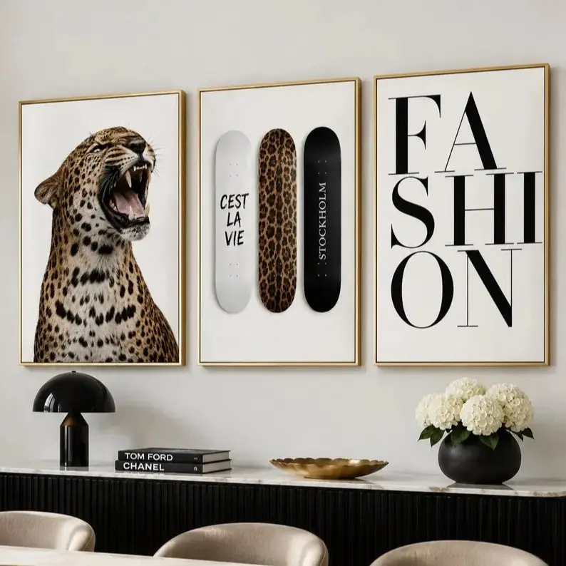 Leopard Fashion Wall Art Set of 3, Framed Canvas Prints, Skateboard Typography Posters, Ready to Hang Chic Apartment Decor