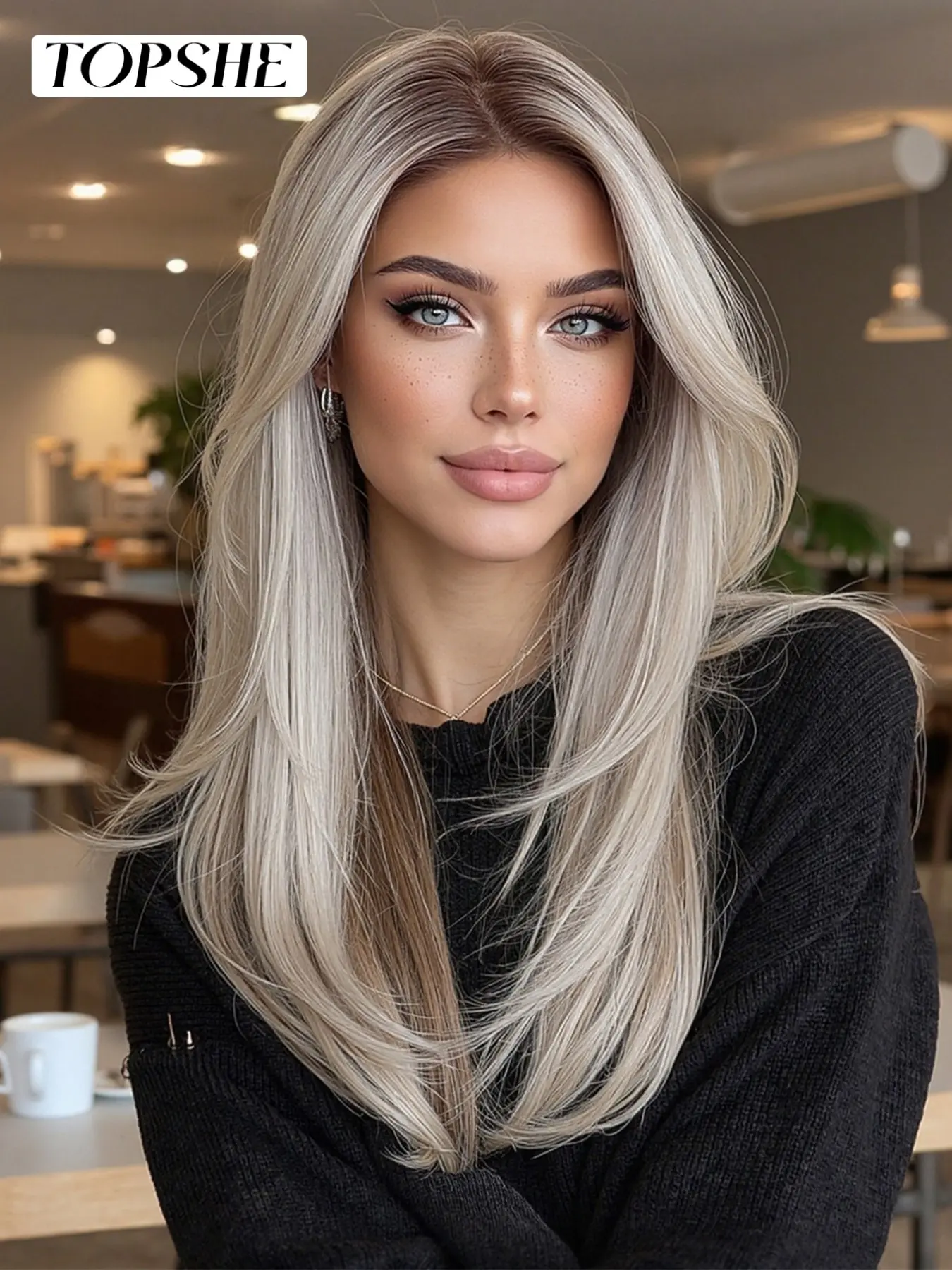 13x6 Lace Front 22 Inch Wig, Heat Resistant Synthetic Hair, Ash Brown Root Ombre Silver Ash Blonde Layered Long Wavy Wig, Natural Daily Style, Breathable & Easy to Wear, Versatile for Daily Commute, Beginner-Friendly, Lace Frontal Wig, Synthetic Wigs