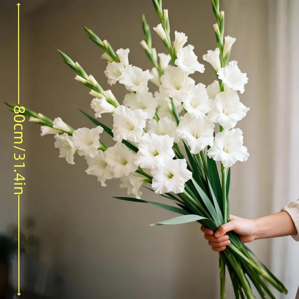 8pcs Artificial Gladiolus Orchid Flower Bouquet |   White Blooms & Green Foliage, Maintenance-Free Lifelike Stems for Weddings