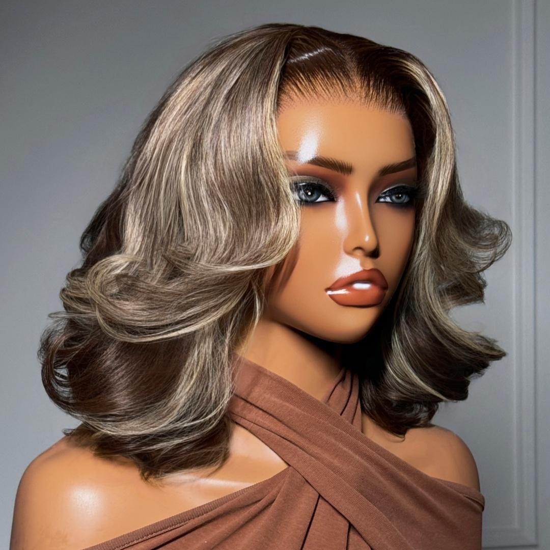 UNice Glueless Dark Brown with Honey Blonde Highlights Layered Cut Bob Wig Pre Cut 13x4 HD Lace Frontal Human Hair Loose Wave Wigs with Drawstring  Bleached Knots Beginners Friendly