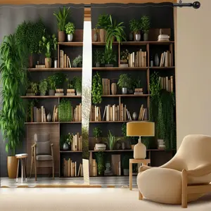Forest Plant Print Curtain for Bookshelf, Polyester Light-Blocking Material Easy to Clean, Ideal for Home Office & Leisure Decor, Home Decoration Curtain