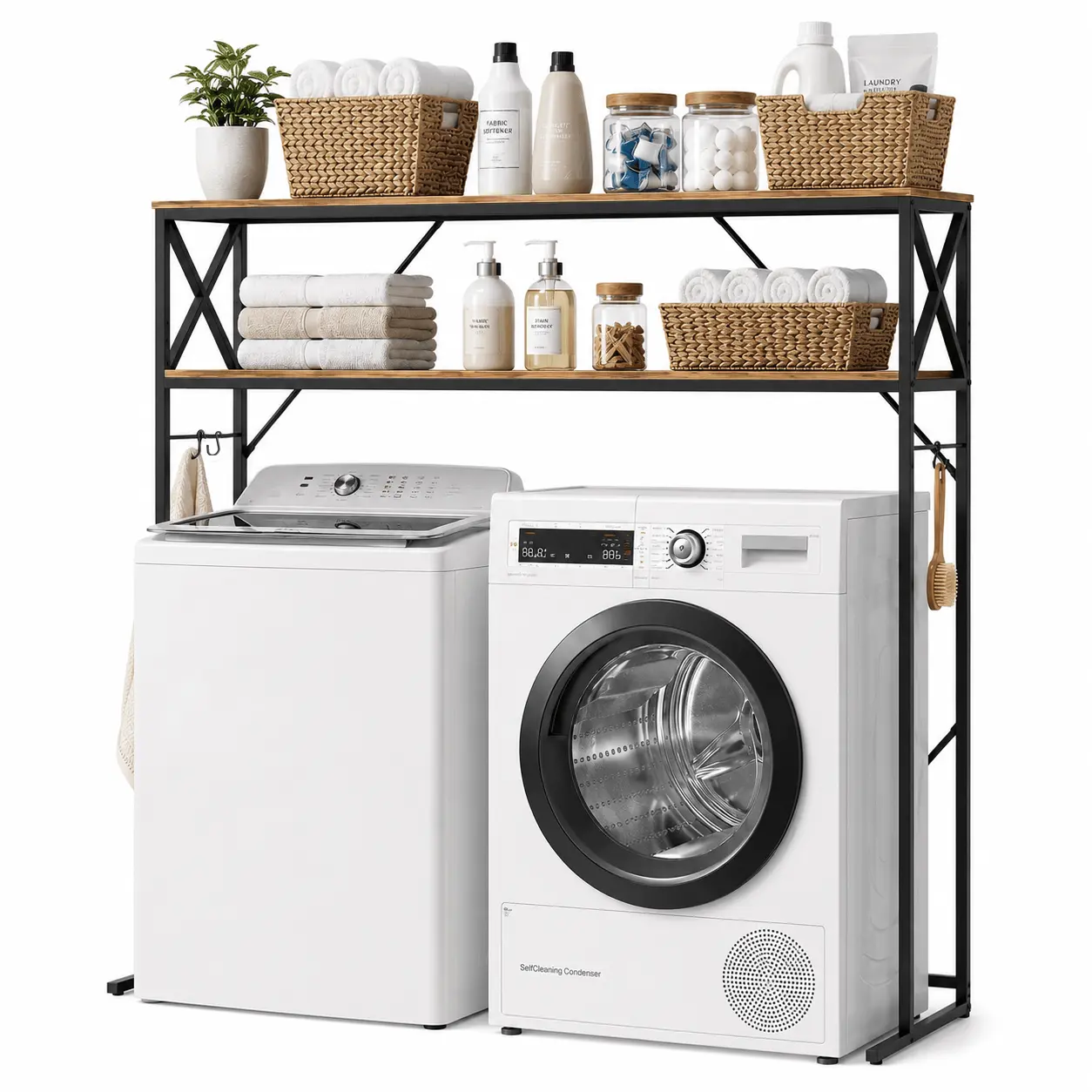 57.1" Over the Washer and Dryer Storage Rack, 7-Level Height Adjustable Laundry Space Saver Shelf, Rustic Brown & Metal Utility Organizer
