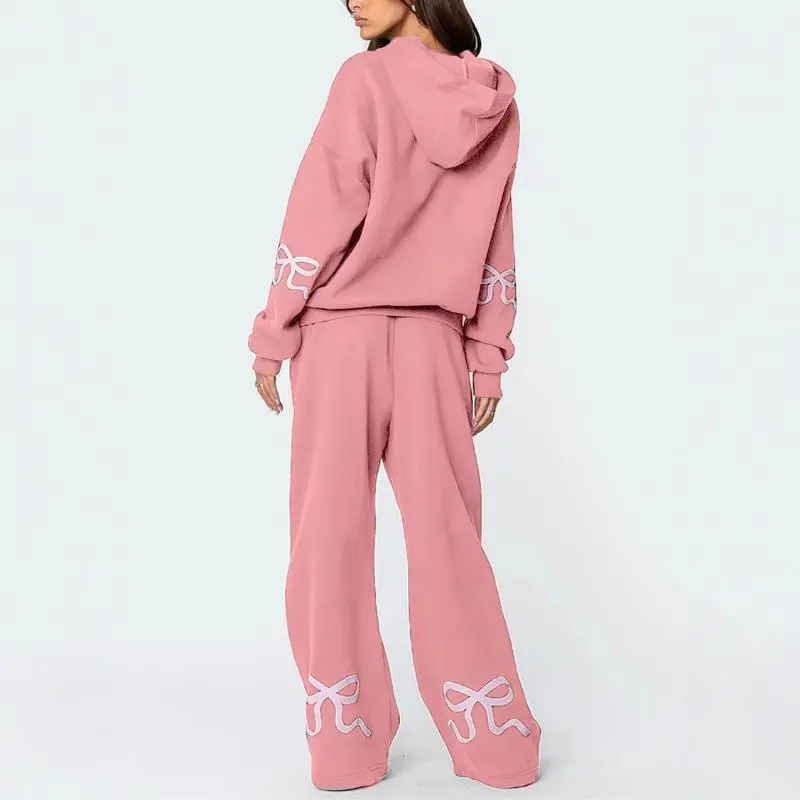 Women's 2-Piece Hooded Neck Long-Sleeve Casual Bow Polyester Sweatshirt & Pants Set - Loose Baggy Spring New Brand Lady Outdoors Sports Clothing, Women's Clothes, Loose-Fitting, Print, 2 Piece Women's Tracksuit Set, Full Length Women's Tracksuit Set
