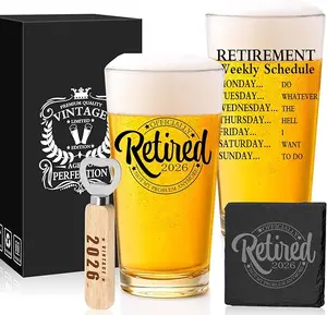 Retirement Gifts for Men 2026 - Retirement Beer Glass with Stone Coasters, Bottle Opener, Funny Beer Glass Unique Gift For Dad, Grandpa, Friends, Family