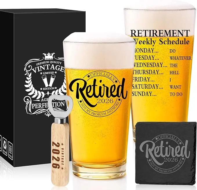 VOLCANSMOKE 2026 Retired Beer Glass Set - Pint Beer Mug Cup, Set Includes Washable Reusable Stone Coaster & Bottle Opener, Ideal Home Retirement Gift for Husband