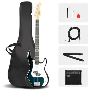 Brand Bass Guitar Package with Blue Case Strap Pick Cable Wrench Tool & Amplifier for Beginners Adults Teens Cool Music Gift unique electric beginner kit affordable beautiful production Accessories Set Acoustic Stylish Size Guitar Amp