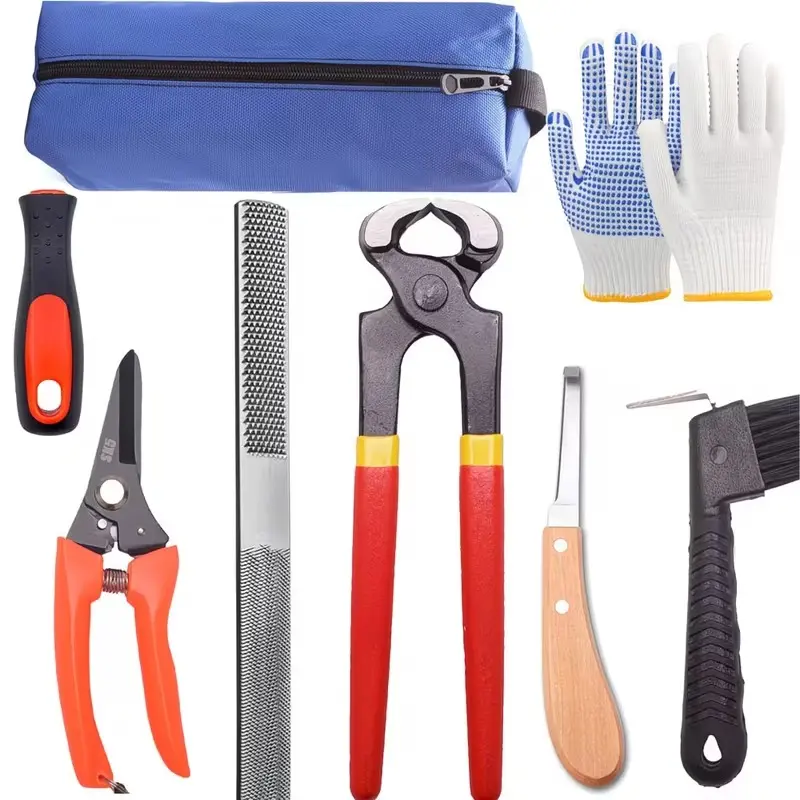 8Pcs 8 Inch Professional Farrier Tool Kit with Storage Bag, Hoof Nipper, Mini Hoof Rasp File, Metal Trimming Shears & Handle Hoof Knife, Livestock Hoof Trimming Tools for Horse Cow Goat Pig, Random Lock Edge Color