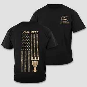 John Deere T-Shirt, Leaping Deer Logo Tee, Camo American Flag Graphic Top, Camouflage USA Stars Stripes Shirt, Combine Harvester Farm Gear, Patriotic Country Workwear, Men Women Short Sleeve Premium Black Cotton Gift For Farmer