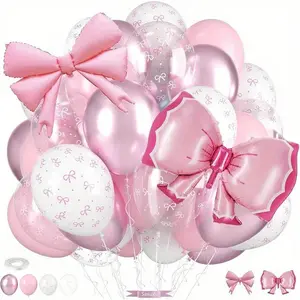 38pcs Light Pink And White Transparent Pastel Balloons With Bow Foil Balloons, Perfect For Girls' Birthday Parties, Bachelorette Parties, Bridal Showers, Engagements, Bow-Themed Weddings, Anniversaries, Baby Showers