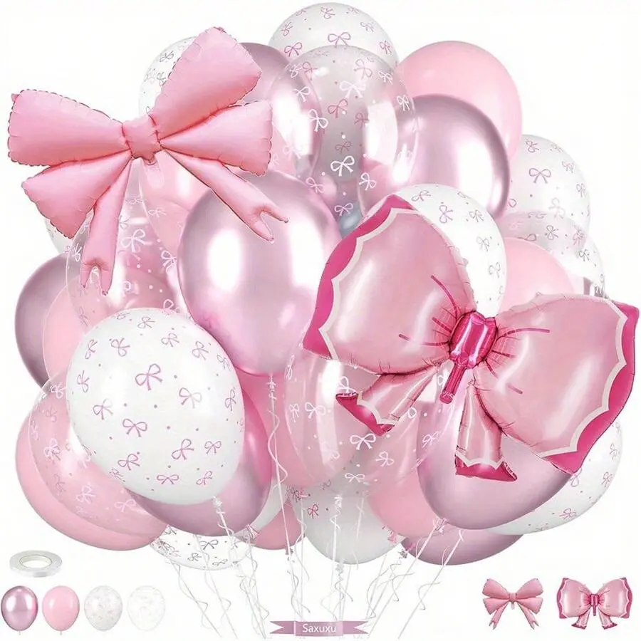 38pcs Light Pink And White Transparent Pastel Balloons With Bow Foil Balloons, Perfect For Girls' Birthday Parties, Bachelorette Parties, Bridal Showers, Engagements, Bow-Themed Weddings, Anniversaries, Baby Showers