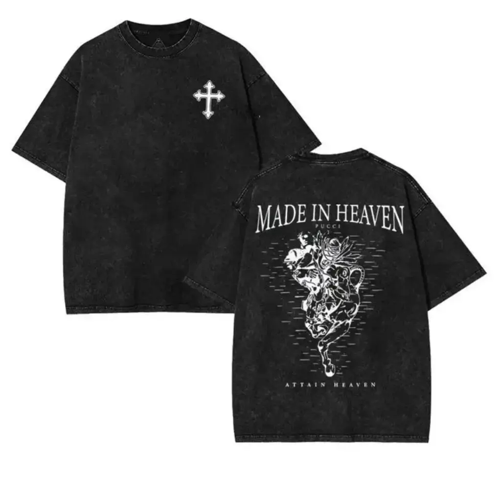 JoJo's Bizarre Adventure Oversized Anime Graphic Tee, Vintage Washed Heavyweight Cotton Grunge Streetwear, Made In Heaven Pucci Shirt