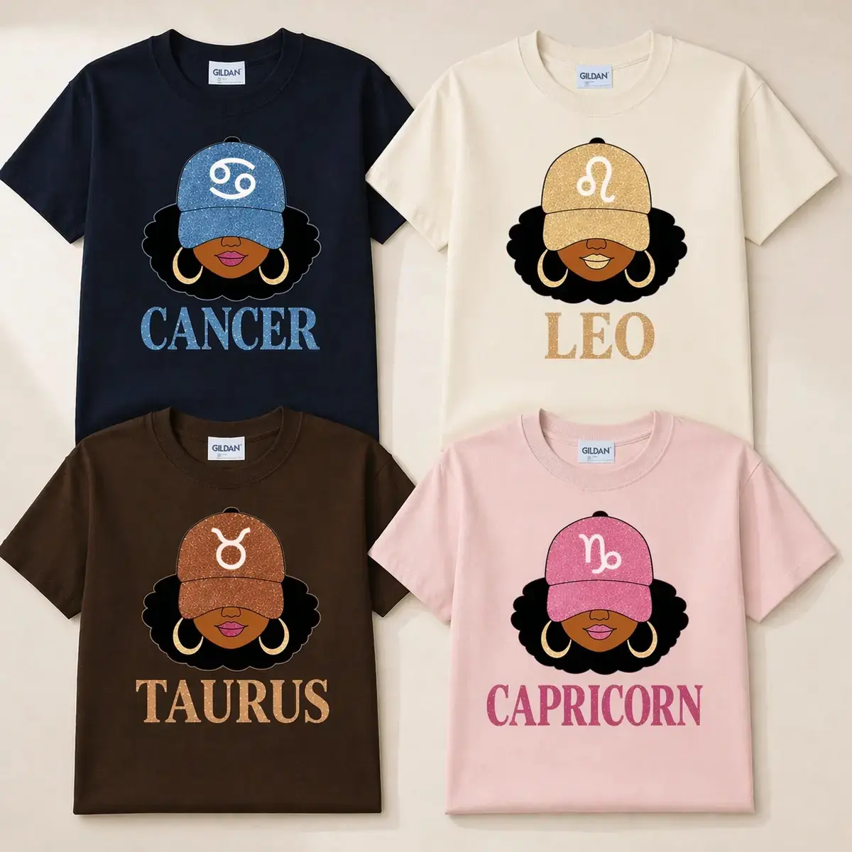 Women's Short-Sleeve Round Neck Graphic T-Shirts - 12 Zodiac Slay Tops, Glitter Astrology Hat Graphic, Black Girl Zodiac Portrait, Full Horoscope Star Signs, Casual Trending Regular Fit Cute Basics Clothes, Unisex Birthday Gift - JACKSON HOAI STORE, Short