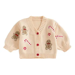 Baby Girl Christmas Outfit Christmas Sweater Cardigan Santa V Neck Long Lantern Sleeve Button-up Knitted Sweater Cute Winter Fall Clothes