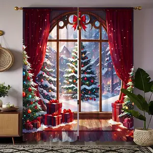 2pcs Festive Christmas Curtains - Vibrant Red & Green Winter Scene with Snowy Trees and Gifts, Easy-to-Hang Rod Pocket Design, High-Quality Polyester Microfiber, Semi-Transparent for Living Room & Bedroom Privacy, Machine Washable,  Christmas Curtains