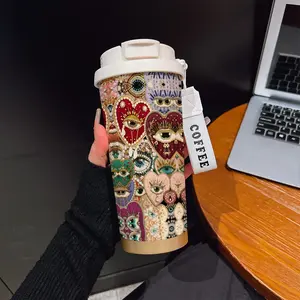 Abstract Heart Crown Eye Texture Coffee Cup, Portable Dual Drink Insulated Tumbler, Keeps Hot/cold, Boho Style, Office Travel Essential