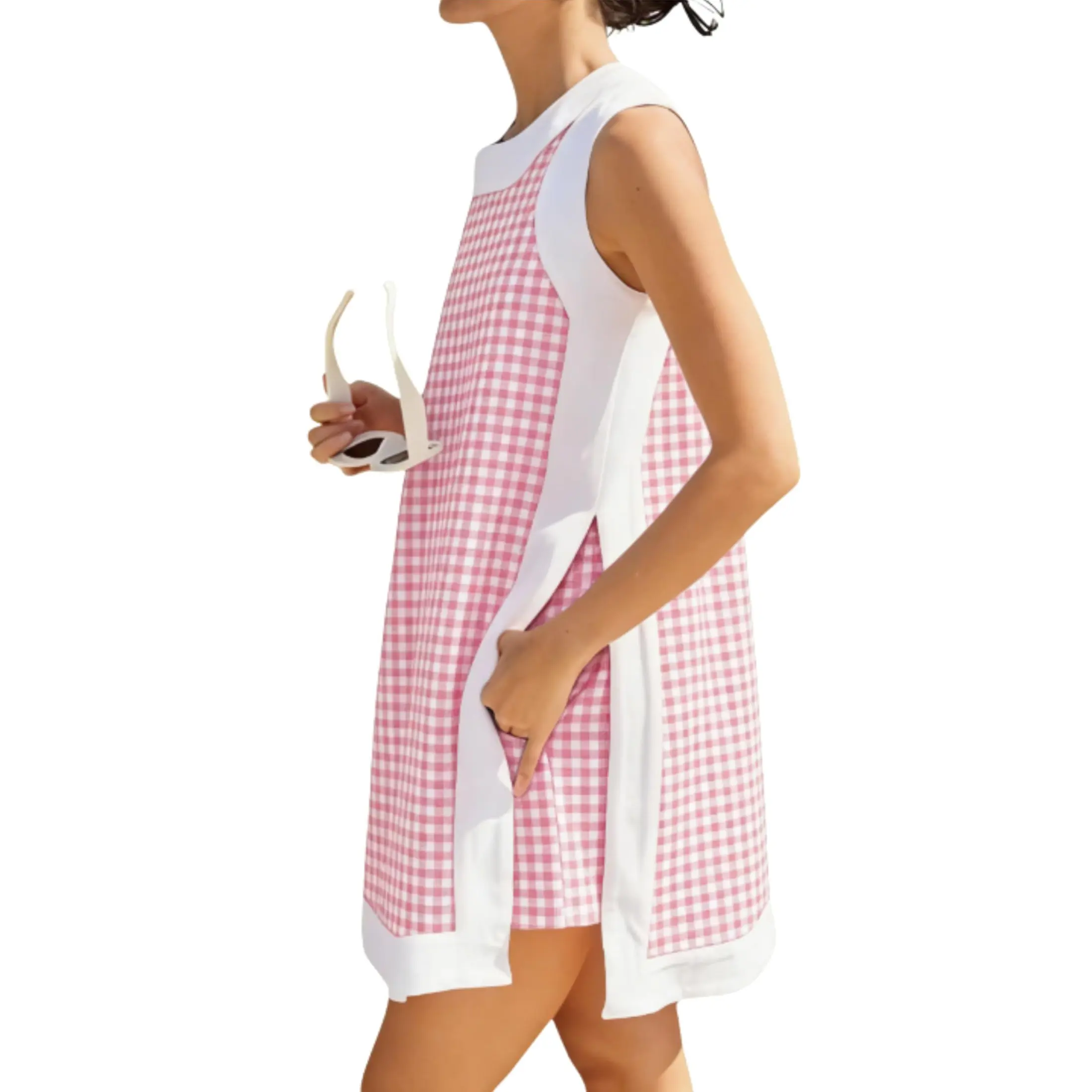 Bienmorn Women's Gingham Dress Sleeveless Color Block Plaid Crewneck Summer Casual Loose A Line Mini Dress with Pockets Preppy