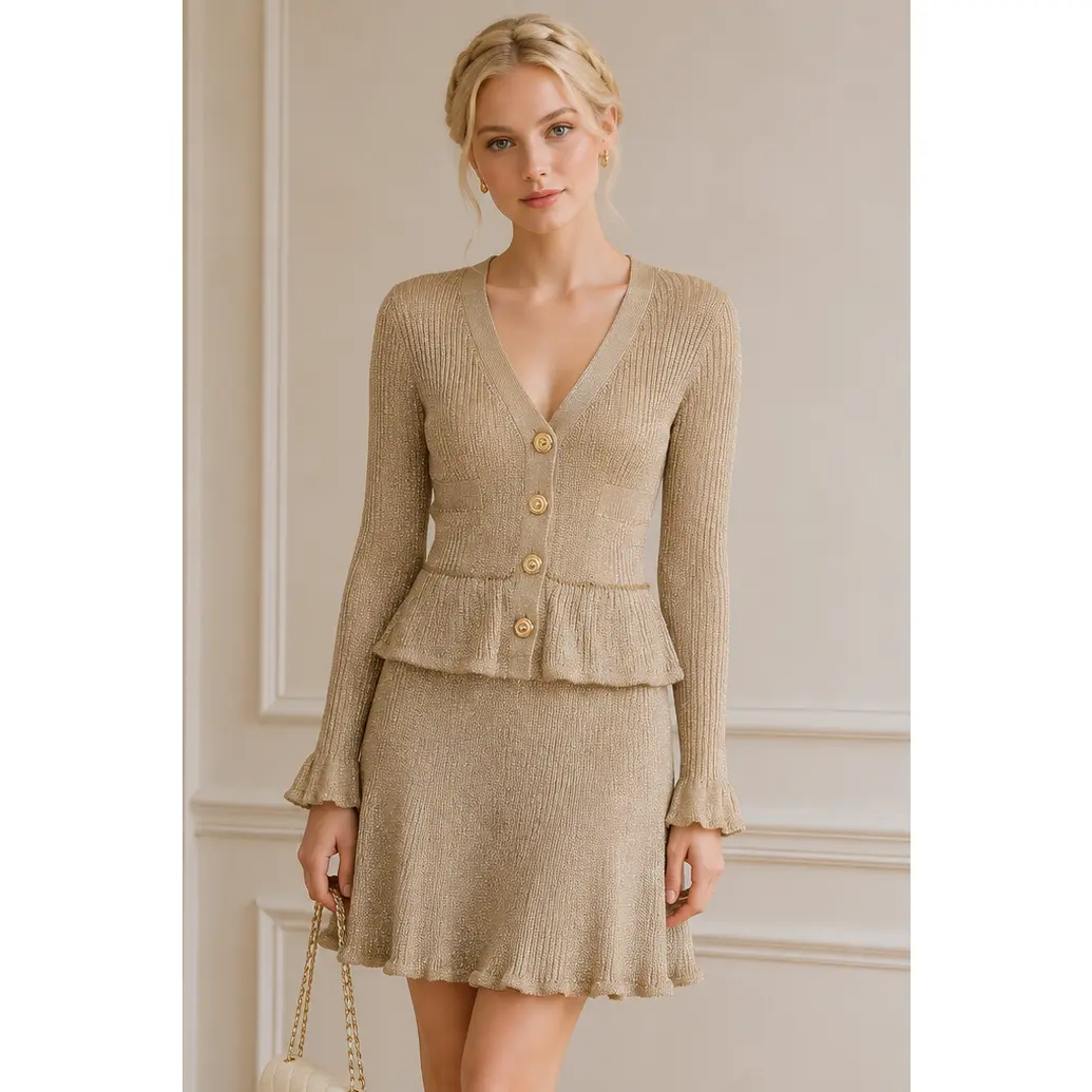 Jessica Bara Dellas Knit Gold Button Peplum Long Sleeve Mini Dress