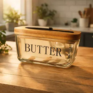 Butter Dish with Bamboo Lid and Built-In Knife, Ninety9 - Keeps Butter Fresh & Soft for Counter or Fridge – Available in Glass, White & Black