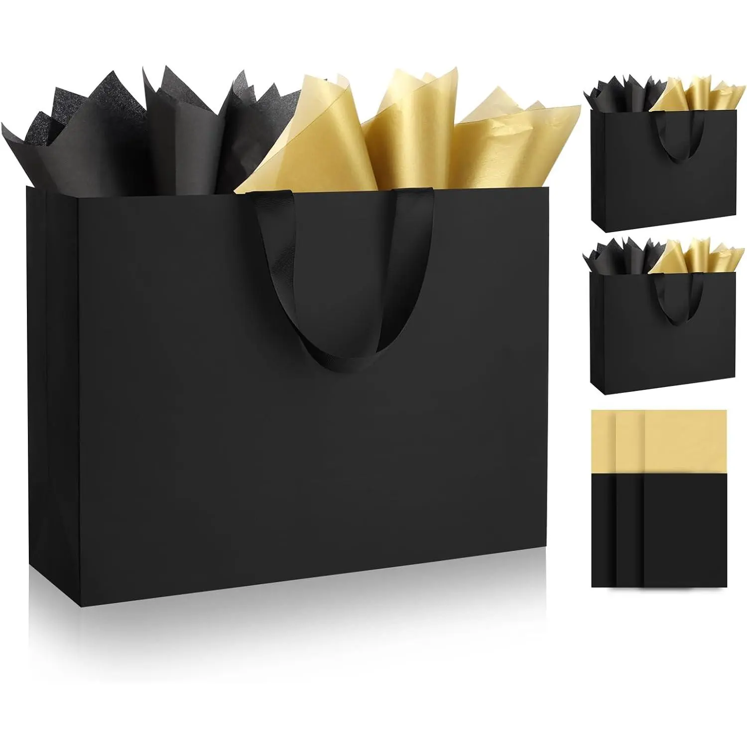 Black  Bags with Handles and Tissue Paper, 16x6x12 Inch 3 Pack Paper Bags Bulk for Birthdays Party, Shopping, Weddings, Valentine's Day, Easter, Anniversaries (Black -3Pcs)