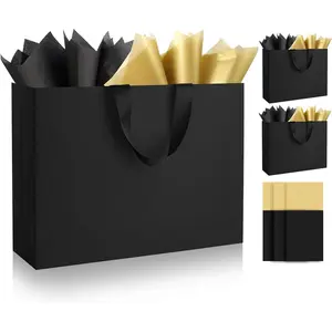 Black  Bags with Handles and Tissue Paper, 16x6x12 Inch 3 Pack Paper Bags Bulk for Birthdays Party, Shopping, Weddings, Valentine's Day, Easter, Anniversaries (Black -3Pcs)
