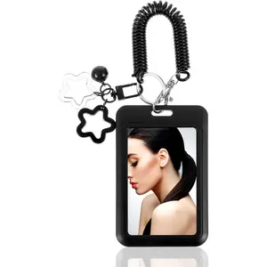 Star Bells Photocard Holder Keychain with Spring, Black PVC Photo Card Holder Keychain 4.33x2.67in Idol Photo Display Organizer ID Badge Credit ID Card Protective with Star Bells Pendant