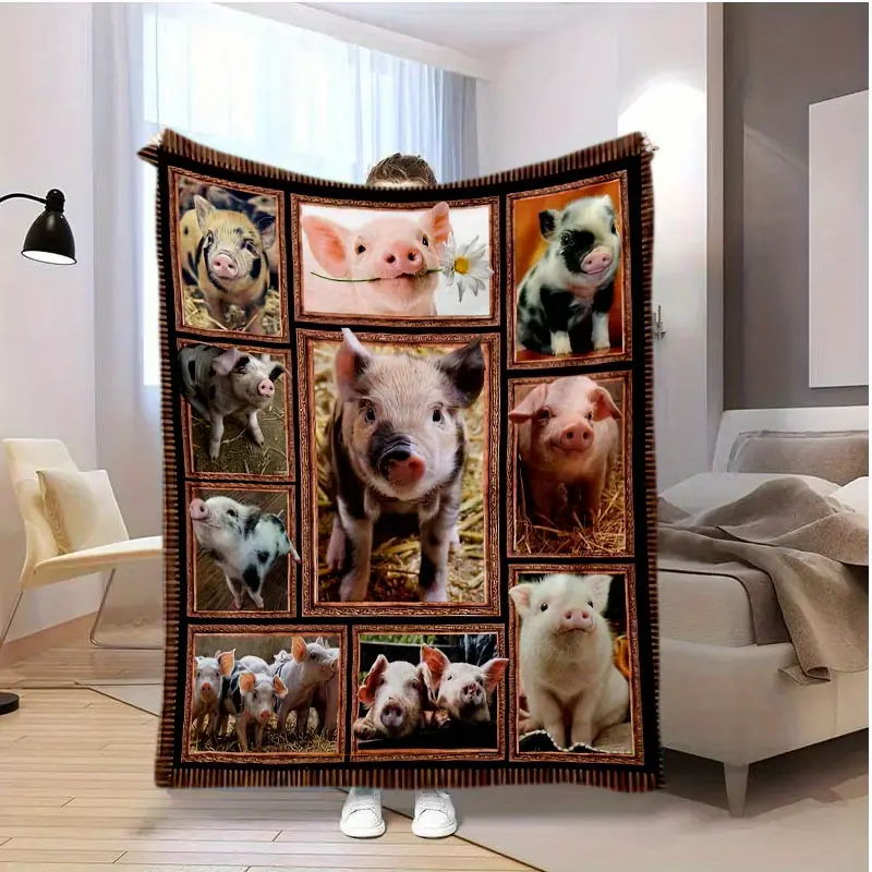 Pig Collage Print Heavyweight Flannel Velvet Blanket - 30s Fabric, Super Soft, Breathable, Modern Crochet Accent, All-Season, Gold Background, Machine Washable, Multi-Size - For Living Room Sofa, Bed, Camping - Ideal Gift for Pet Lovers
