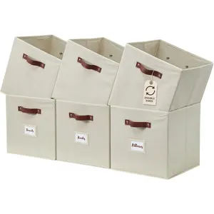 Fabric Storage Cube Bins with Labels, 6 Pcs 10.5" x 11" Beige Fabric Storage Cubes for Shelves Organization