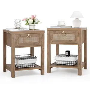 VOWNER Handmade Rattan Nightstand Set of 2, Mid Century Bedside Table with Storage Drawer and Open Shelf, Night Stand for Bedroom