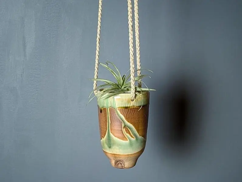 Pederson Copper Green Handmade Hanging Planter Pot with Drainage Hole for Indoor Succulent Plants - Made from Sustainable Materials