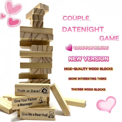 Block stacking Tower Game for Couple Datenight, 48 Pcs Wooden Blocks Best Party Gift for gf Party Anniversary Prank with Storage Bag