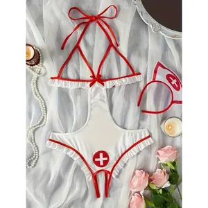lingerie sexy Hot Red Cross Patterned Pleated Decorative Lingerie, Open Cup And Open Crotch Backless Jumpsuit, Women'S Sexy Lingerie And Lingerie Bodysuit Womenswear