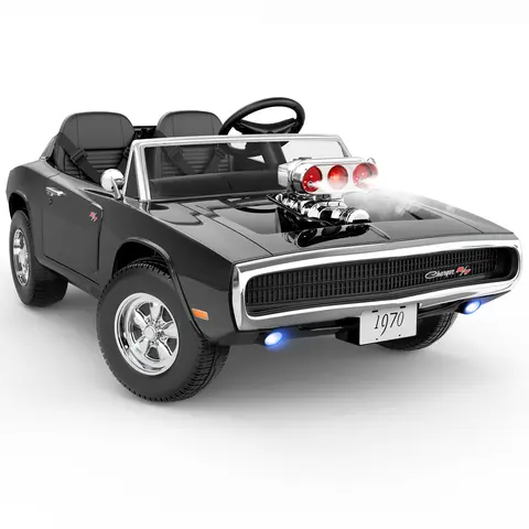Dodge 1970 Charger 24V Kids Electric Ride-On Toy Car - 2-Seater, RC, Bluetooth, Supercharger, 3 Speed Control, Ride on Wheels, Lockable Doors, 3-Point Safety Seatbelts, Soft-Start Safety, Mist & Light Roar, Parent-Approved Birthday Gift