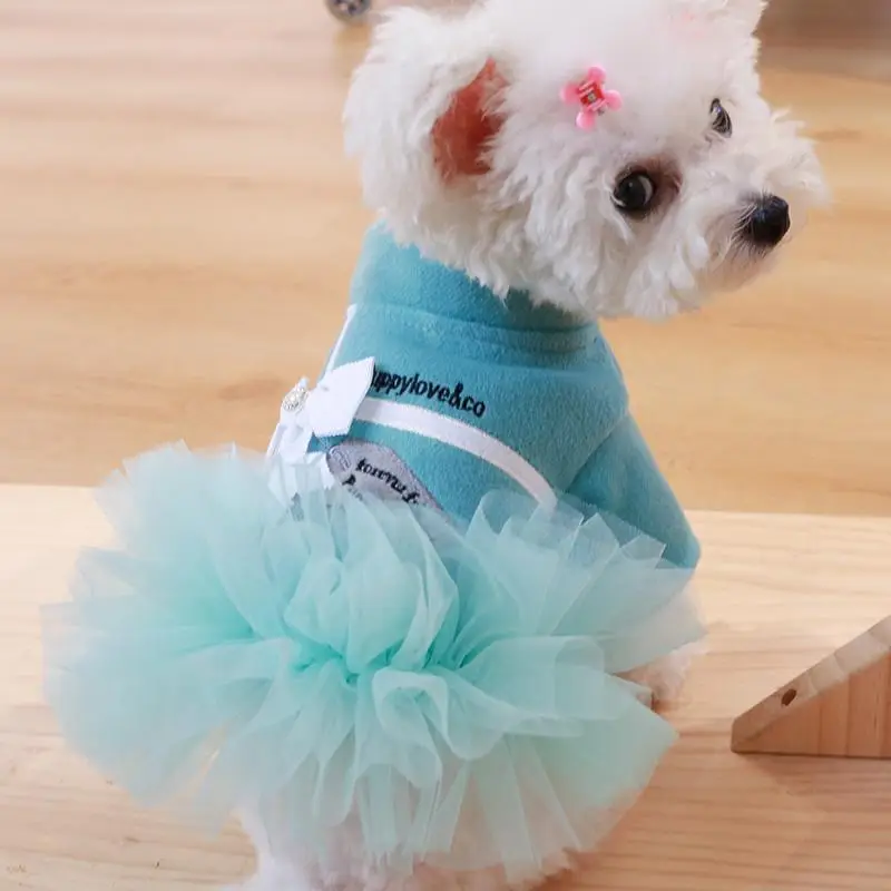 Bowknot Decor Letter Embroidered Pet Dress, 1 Count Jacket Tutu Skirt 2-in-1 Dog Clothes, Elegant Princess Style Sweet Dress, Turquoise Blue Dress