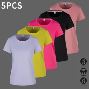 Set of 5 women’s elegant solid-color T-shirts — crew neck short-sleeve tops suitable for summer fashion; everyday T-shirts | multifunctional tops | comfortable fit