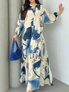 Lazy Style Printed V-Neck Long Sleeve Dress, Loose Fit Inclusive Body, Casual Boho Fit, Coffee Shop Sitting/girlfriend Shopping Casual Dress