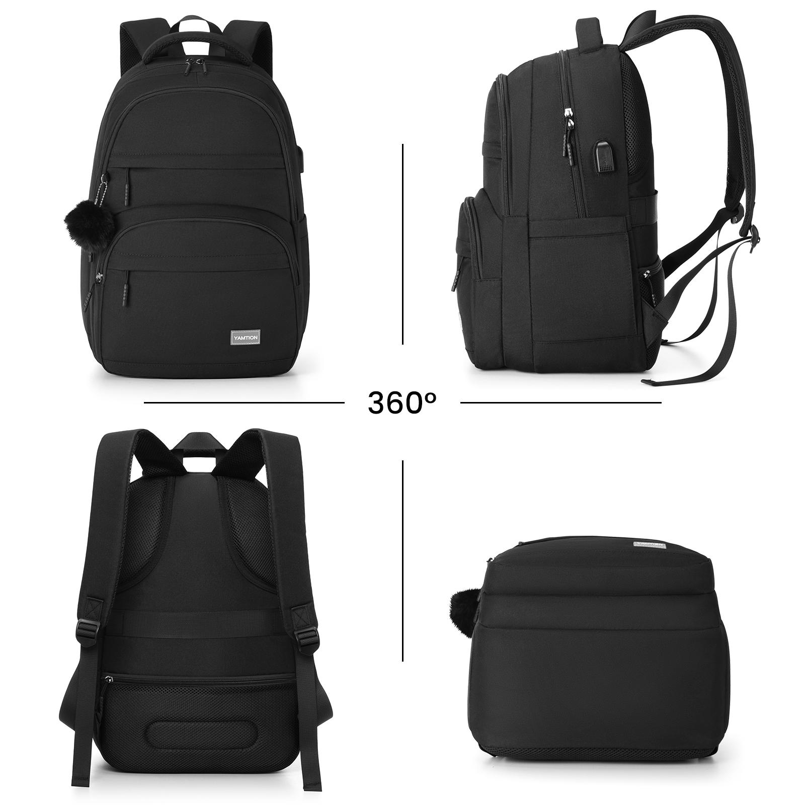 YAMTION 15 Inch Laptop Backpack for Women & Teens, Large Capacity Backpack with USB Charging Port & Cute Pom Pom Keychain, Water Resistant Multi-Compartment Bookbag for School, College, Work, Office, Daily Commute & Travel
