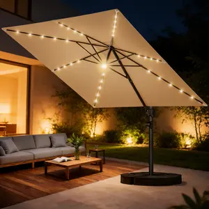 [Solar Powered LED]10'x10' Outdoor Patio Umbrella with Solar LED Lights, UPF 50+ UV Protection, 360 °   Swivel, 6 Height Adjustments, Rustproof Aluminum Frame, Sandbag Base Included.Pearl Beige/Navy Blue/Charcoal Gray