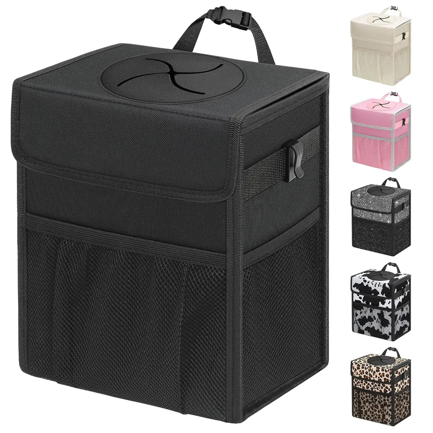 4-in-1 Collapsible  Trash Can with Lid - 2.5 Gal Leakproof, Water Resistant Hanging Auto Bin, 3 Mesh Pockets, 2 Side Hooks for Front & Back Seat Organization, Ideal for Busy Parents, Camping Large Car Trunk Organizer