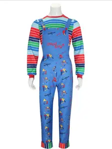 Adult Chucky Cosplay Costume with Striped Shirt and Jumpsuit for Chucky Overalls Halloween Costumes