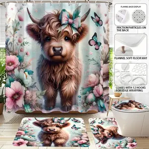 1/4 PCS Cute Highland Cow Printed Shower Curtain Set, 71×71 Inch Curtain with 12 Hooks, Toilet Lid Cover, Rectangular Mat & U-Shaped Mat, Bathroom Shower Curtain Sets, for Floral Butterfly Farmhouse Bathroom Decor