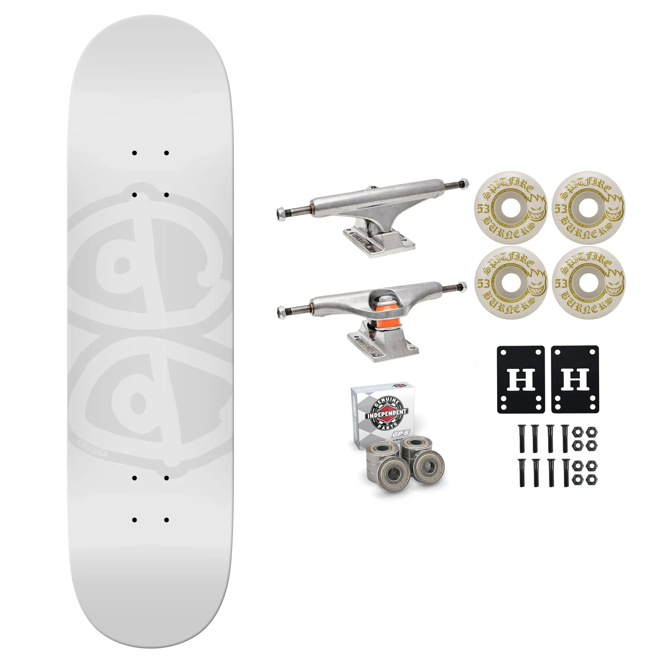 Krooked Skateboard White 8.06" Independent Spitfire Premium Kit