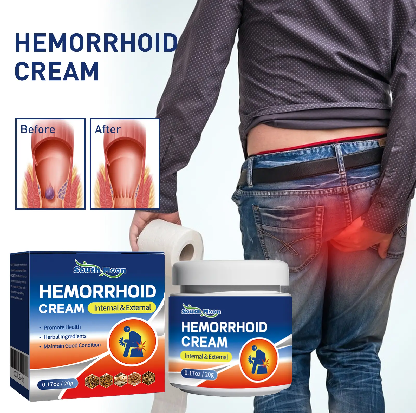 South Moon Hemorrhoid Cream Repairs Anal Area Swelling Itching Pain Relief Anti-Bacterial Treatment South Moon Hemorrhoid Cream Repairs Anal Area Swelling Itching Pain Relief Anti-Bacterial Treatment