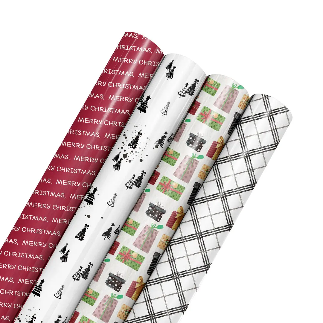 Decorative Holiday Gift Wrapping Paper Rolls Bundle (4-Pack) - 30" x 10' Reversible Wrapping Paper for Holiday & Gift Packaging Needs