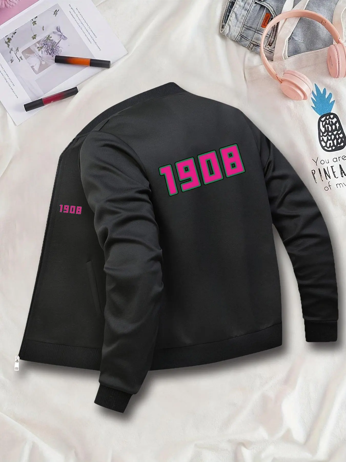 Women's Graphic Zipper Jacket, Casual Fitted Chic Style, All Season Wear, Moderate Fabric Thickness, Unique Design for Daily & Formal Occasions